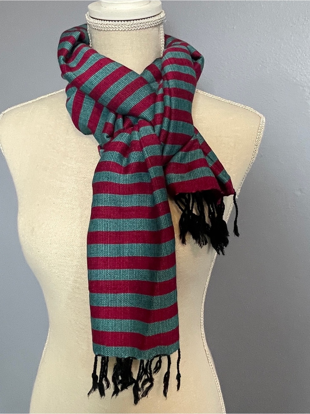 NWOT Vibrant Striped Turquoise and Pink Rustic Woven Egyptian Black Fringe Scarf